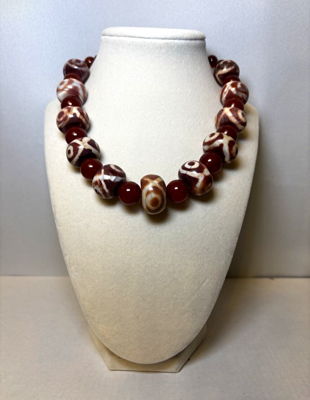 Artisan Carnelian & Etched Agate Dzi Style Eye Bead Statement Necklace Jewelry